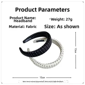 Detailed size chart showing 15cm width for polka dot fabric sponge headbands set