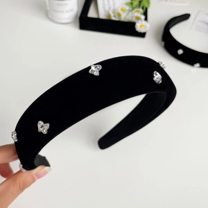 Elegant black velvet headband with crystal butterfly accents and thick sponge padding