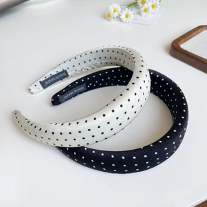 Polka dot wide sponge headband set in black and white satin with hand made label