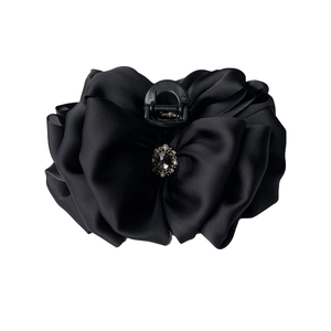 Elegant black satin ribbon hair claw with vintage gemstone flower and sparkling rhinestones