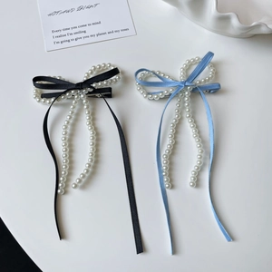 Elegantes pinzas para el cabello con perlas y lazos en negro y azul claro, estilo coreano