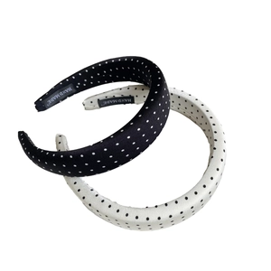 Retro padded polka dot sponge headband set in black and white satin fabric finish
