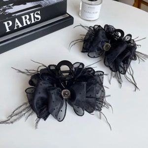 French Retro Feather Polka Dot Mesh Hair Claw For Women Elegant Rhinestone Bow Knot Shark Clip Hair Accessory