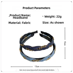 Detail showing dimensions of denim headbands with gold chains and anti-slip teeth