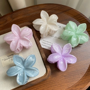 Five-piece set of translucent frangipani hair claws with marble texture in pastel colors