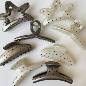 Polka dot hair claw clip set in beige and grey featuring 8 stylish acetate hair accessories