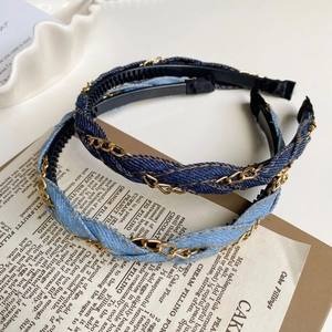 Braided Denim Headband With Gold Alloy Chain Retro Non Slip Tooth Hair Hoop Vintage Fashion Hair Accessories For Women