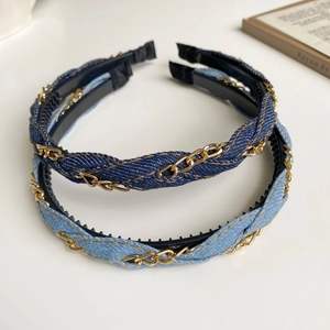 Denim woven headband with gold chain and non-slip teeth in dark and light blue colors