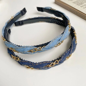 Detail of denim and gold chain woven headbands with anti-slip inner teeth design