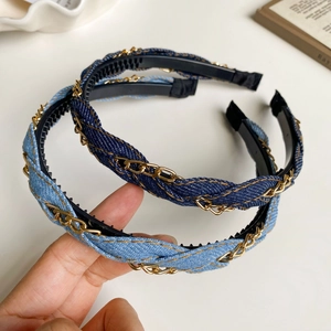 Denim braided headband with gold metal chain and non-slip teeth in light and dark blue