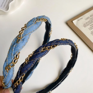 Blue denim braided headband with gold chains and non-slip teeth for women fashion