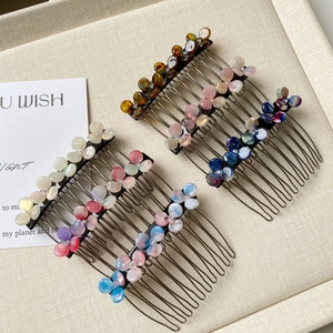 Elegant Flower Hair Comb Resin Floral Rhinestone Inlaid Metal Insert Comb Korean Style Hair Accessory For Women Jewelry