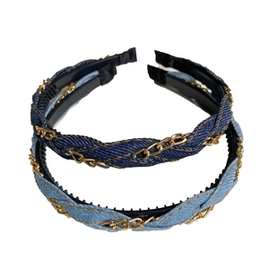 Blue denim fabric headbands with gold chains and non-slip teeth, two-piece accessory set