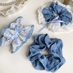 Korean Style Denim Fabric Lace Edge Scrunchie For Women Blue Bow Artificial Pearl Pendant Hair Tie Elegant Sweet Hair Accessories