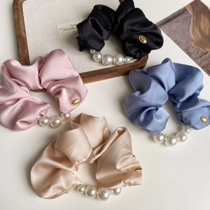 Elegant satin scrunchie set with pearls in black pink blue and champagne colors