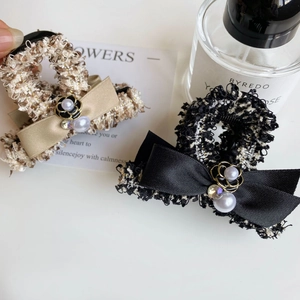 Elegant tweed bow hair claw clips with pearls and camellia flower for women