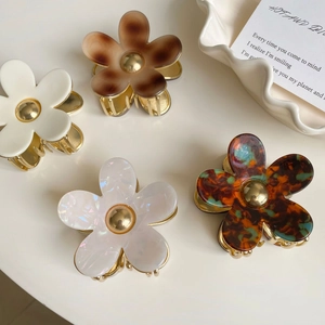 Pinces à cheveux fleurs en acétate quatre couleurs avec base métal doré pour femmes