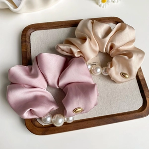 Elegant French style silk satin scrunchie set with white pearls and gold logo charm