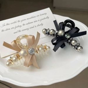 Pince à Cheveux Nœud Style Français Avec Künstliche Perle d'imitation Strass Ruban en Satin Élégante Pince à Requin pour Femme Accessoires de Cheveux