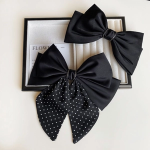 Handmade Satin Fabric Bow Hair Clip For Women Black Polka Dot Long Ribbon Hairpin With Rhinestone Elegant Hair Accessory