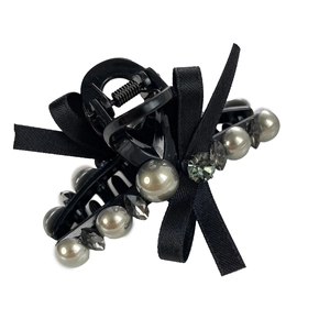 Pince à cheveux élégante avec nœud noir, perles et strass pour femmes