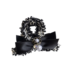 Elegant tweed hair claw clip with black satin bow and pearl accent for women