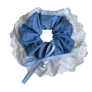 Blue denim style hair scrunchie with lace edge, ribbon bow and pearl pendant