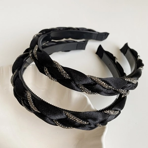 Elegant twisted black satin headbands with shimmering rhinestones and anti-slip teeth set