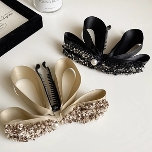 Elegant Bow Banana Hair Clip Satin Tweed Fabric With Faux Artificial Pearl Vintage Hair Accessory For Women Daily Party Hair Clip