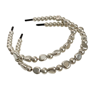 Lot de deux serre-têtes métalliques argentés avec perles polies pour un style minimaliste