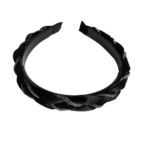 Elegant black braided headband for women with sparkling silver rhinestones and non-slip teeth