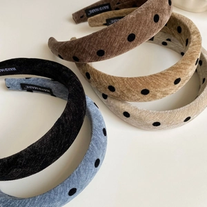 French vintage thick headband set with polka dots in black, beige, brown, and grey