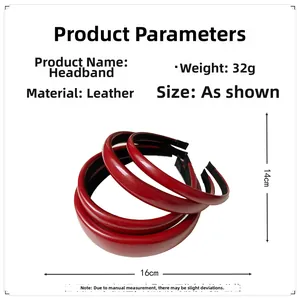 Size chart showing red leather headband dimensions 16x14cm and 32g product weight