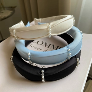 Elegant satin headbands with pearls and crystals in ivory, blue and black