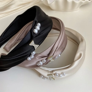 French Elegant Satin Twisted Headband For Women With Faux Artificial Pearls And Rhinestone Butterfly Vintage Hair Accessories Headpiece