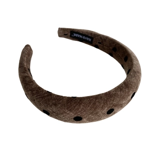 French vintage brown velvet headband with black polka dots and handmade label