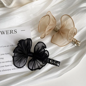 Lace bow hair clips with rhinestones in black and beige mesh fabric for women