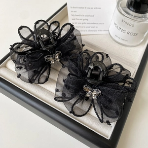 Elegant Black Mesh Polka Dot Bow Hair Claw Clip With Rhinestone Butterfly Handmade Pleated Shark Clip Hair Accessories For Women