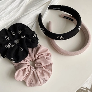Chouchou Nœud Brodé Et Serre Tête Rembourré Style Français Doux Accessoires Cheveux Pour Femmes Noir Rose Elastique