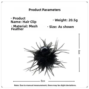 Detail of lightweight black ostrich feather hair claw clip with 20.5g weight info