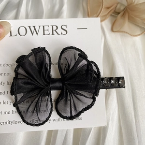 French style black lace bow hair clip with sparkling rhinestones on elegant mesh fabric