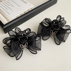 Pince À Cheveux Élégante Avec Nœud En Résille Et Strass Fait À La Main Accessoires De Cheveux Papillon Pour Femme Noir