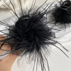 Elegant black ostrich feather hair claw clip with fluffy tulle mesh flower design