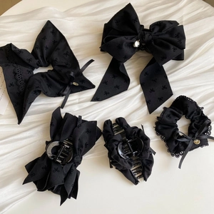 Elegant 5-piece black jacquard bow hair accessories set with lace and metal charms