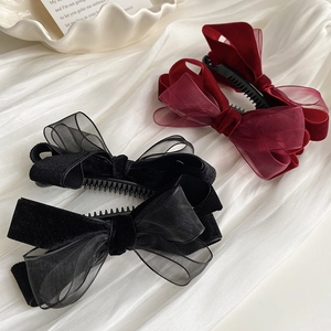 Détails de barrettes à cheveux élégantes avec nœuds en velours et mesh noir et bordeaux