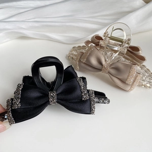 French Vintage Satin Bowknot Hair Claw Clip With Rhinestones Elegant Large Shark Clip For Women Fashion Hair Accessories