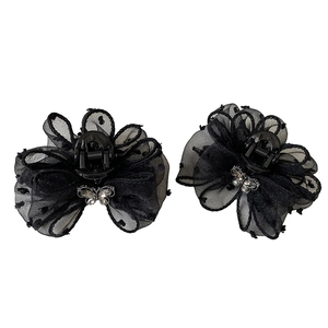 Elegant black mesh polka dot bow hair claw clip with sparkling butterfly rhinestone pendant