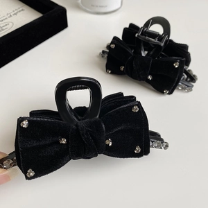 Black Velvet Bow Hair Claw Clip With Rhinestones Large Shark Clip Elegant Vintage Hair Accessory For Women Hair Jewelry