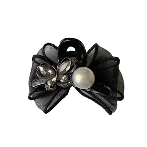 Elegant black tulle bow hair clip with rhinestone butterfly and white pearl accents