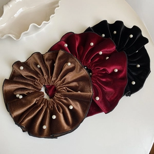 Three-piece oversized velvet scrunchie set in brown burgundy and black with pearls